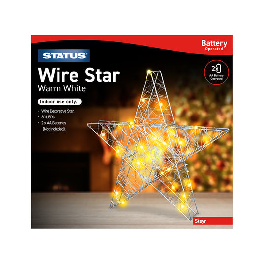 Steyr - 30 - Warm White - LED - Indoor Only - Battery Operated - Wire Star - 2 x AA Batteries (Not Included) - IP20 Rated - 1 Pack Glossy Box