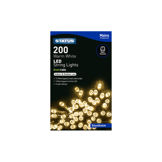 Stockholm - 200 - Warm White - LED - Indoor/Outdoor - Mains Powered - String Lights - 8 Functions - Green Cable -21 Metre Total Cable Length - 5 Metres To First LED Light - IP44 Rated (Light chain only) - 1 Pack Glossy Box