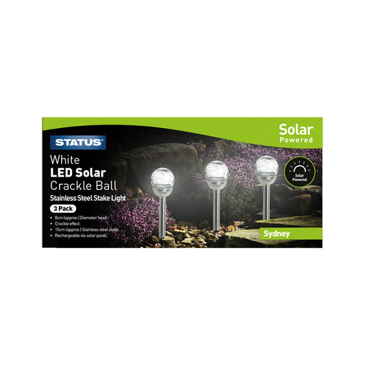 Sydney - 8cm - White - LED - Solar - Stake Light - Crackle Glass Ball - Stainless Steel - Rechargeable Battery Included - 3 pack - glossy colour box