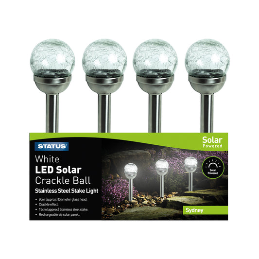 Sydney - 8cm - White - LED - Solar - Stake Light - Crackle Glass Ball - Stainless Steel - Rechargeable Battery Included - Colour CDU