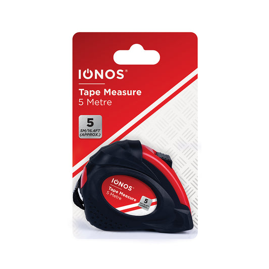 Tape Measure 5m - 19mm width - rubber coated plastic housing - belt clip - lockable - Ionos - 1 pk - backing card
