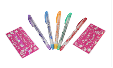 Tattoo Gel Pens Childrens Fun Art and Crafts Pens 2 Stencil Tattoo and 5 Gel Pens