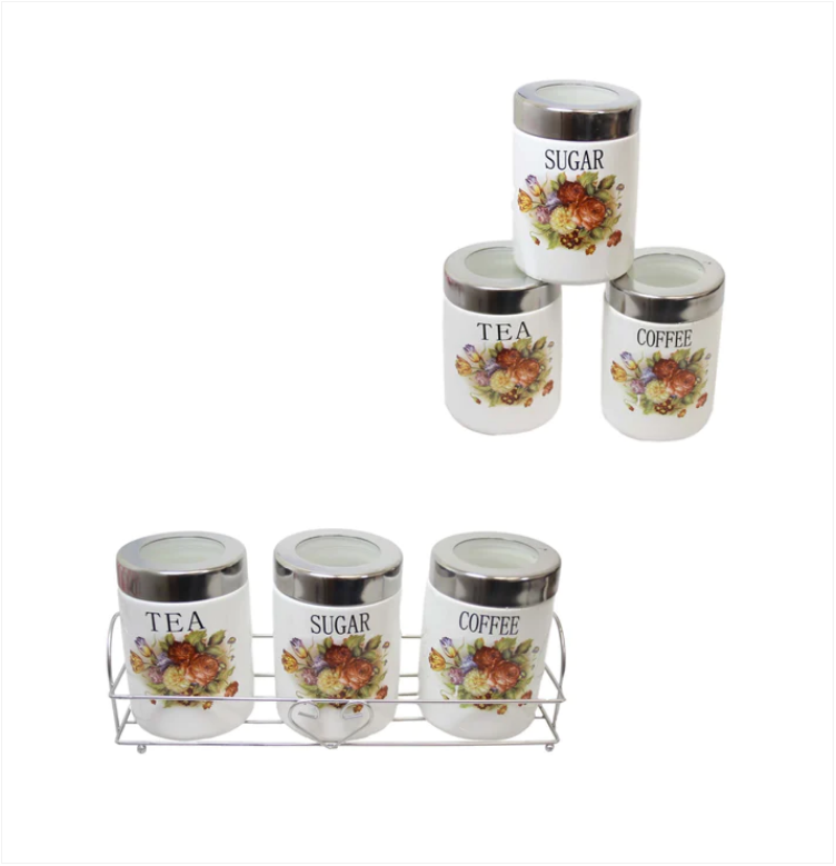 Tea Coffee Sugar Storage Jars With Rack Kitchen Containers Floral Print Jars 3 Pack 11 x 8cm