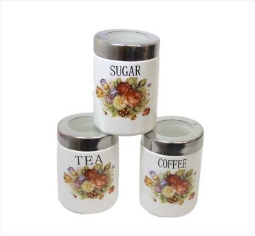 Tea Coffee Sugar Storage Jars With Rack Kitchen Containers Floral Print Jars 3 Pack 11 x 8cm