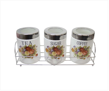 Tea Coffee Sugar Storage Jars With Rack Kitchen Containers Floral Print Jars 3 Pack 11 x 8cm