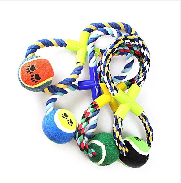 Tennis Ball Rope Fetch Chew & Bite Toys For Dogs Puppies Pets Cotton Blend