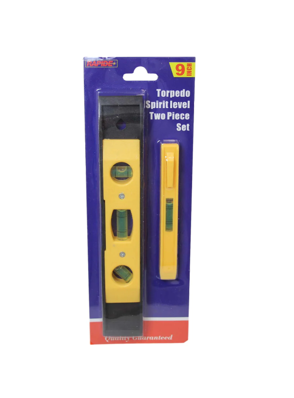 Torpedo Spirit Level 2 Piece Set Yellow Black Builders Levelling Kit