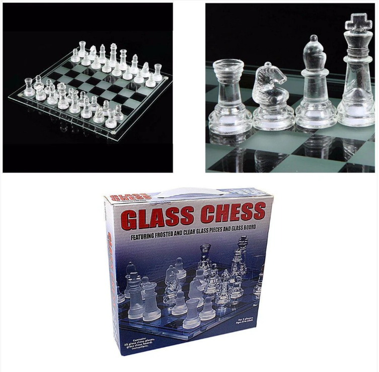 Traditional Family Fun Glass Chess Board Game 32 Glass Pieces 38 x 38cm