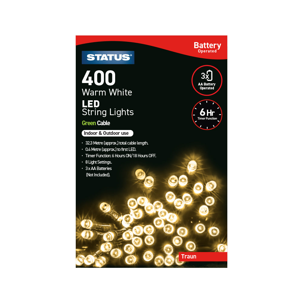 Traun - 400 - Warm White - LED - Indoor/Outdoor - Battery Powered - String Lights - 8 Functions - 6 Hr Timer - Green Cable - 32.3 Metre Total Cable Length - 0.4 Metres To First LED Light - IP44 Rated - 3 x AA Batteries (Not Included) - 1Pk Glossy Box