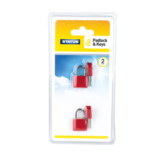 Travel Padlock - with Key - Brass with Plastic Coating - Red - 2 pk - in a Trapped Blister