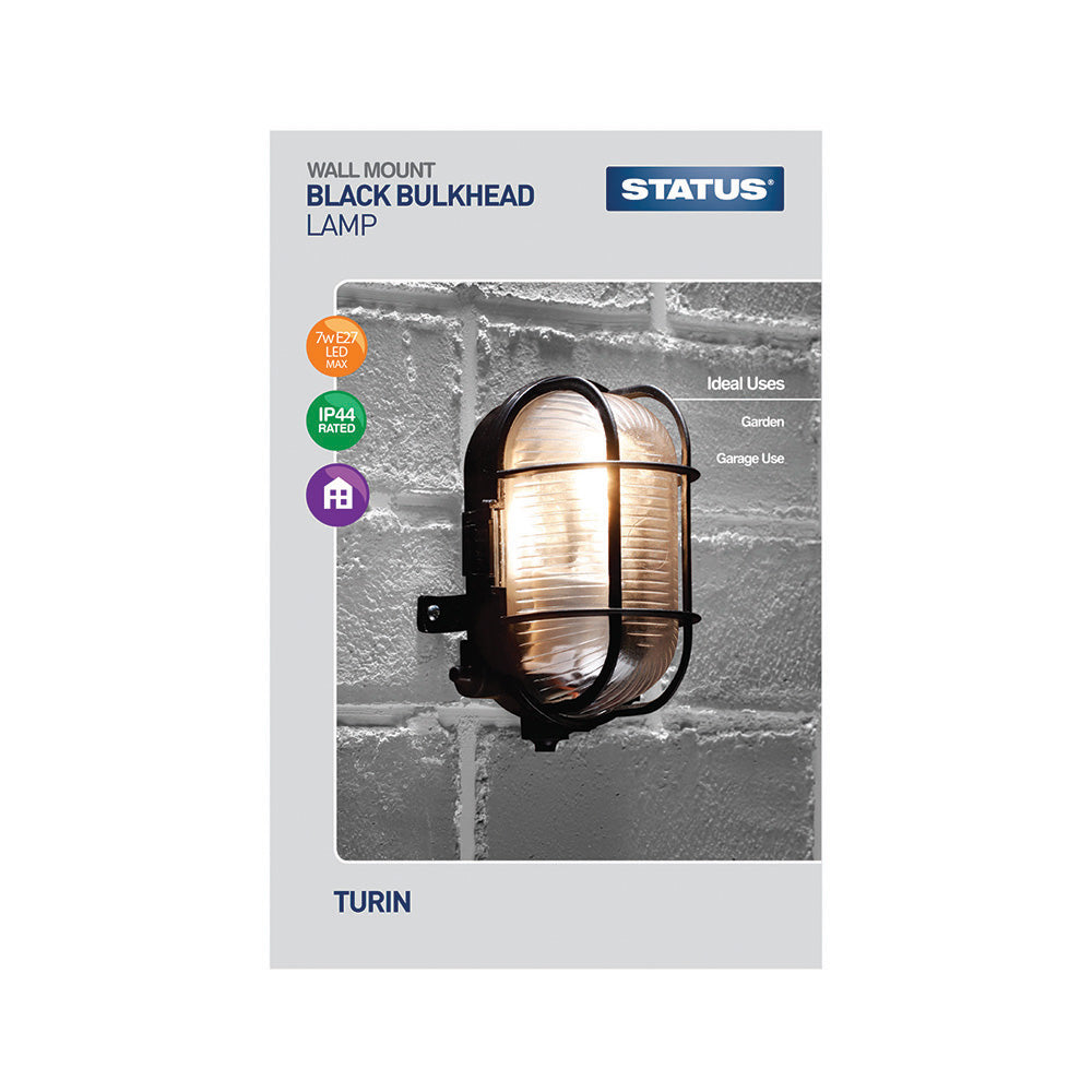 Turin - 12w CFL / 42w Halogen E27 - Black - Bulk Head Fitting (bulb not included) - 1 pk - in Glossy Retail Box
