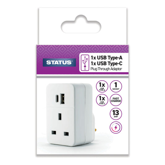 USB A + USB C Charging Port Power Adaptor - White - Plug Through - 1 pk - in a Hanging Box