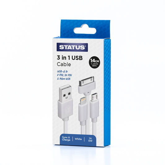USB A to 30 Pin 8 Pin or USB Micro Sync and Charge Cable - 1 Amp - 5w - 14cm - White PVC - 1 pk Box