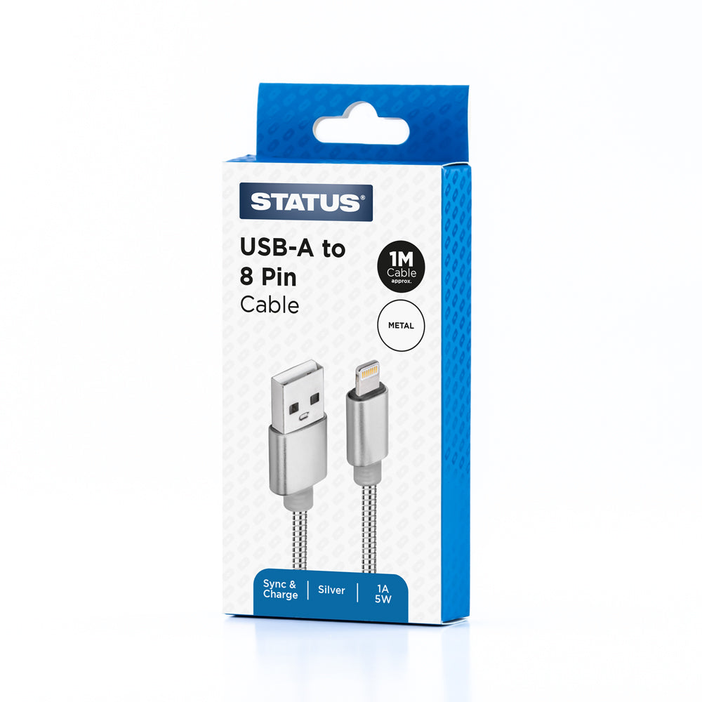USB A to 8 Pin Sync and Charge Cable - 1 Amp - 5w - 1 Mtr - Silver Metal - 1 pk Box