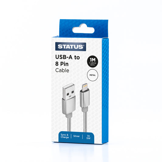 USB A to 8 Pin Sync and Charge Cable - 1 Amp - 5w - 1 Mtr - Silver Metal - 1 pk Box