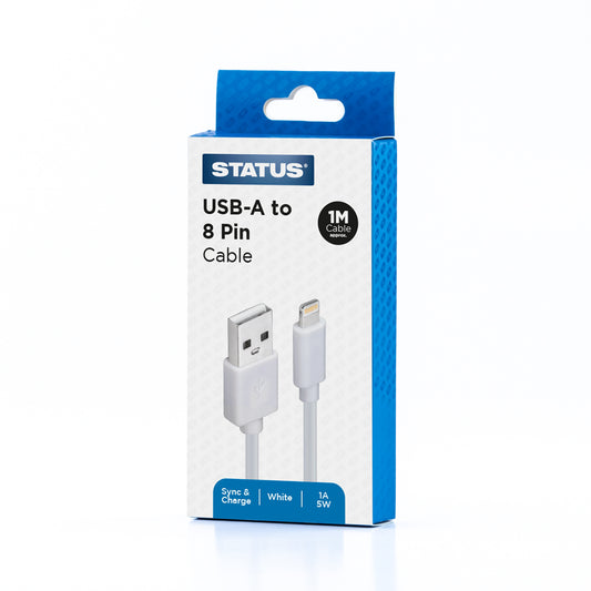 USB A to 8 Pin Sync and Charge Cable - 1 Amp - 5w - 1 Mtr - White PVC - 1 pk Box