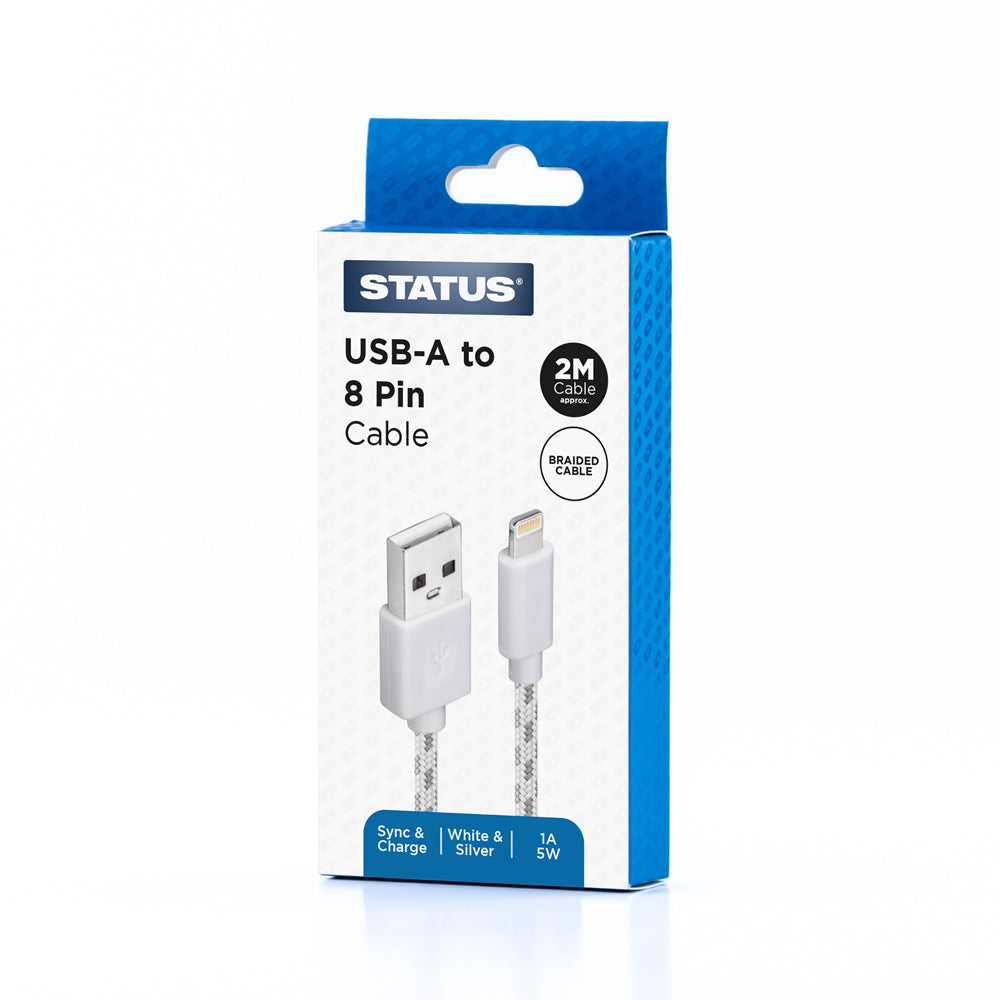 USB A to 8 Pin Sync and Charge Cable - 1 Amp - 5w - 2 Mtr - Silver & White Braided - 1 pk Box
