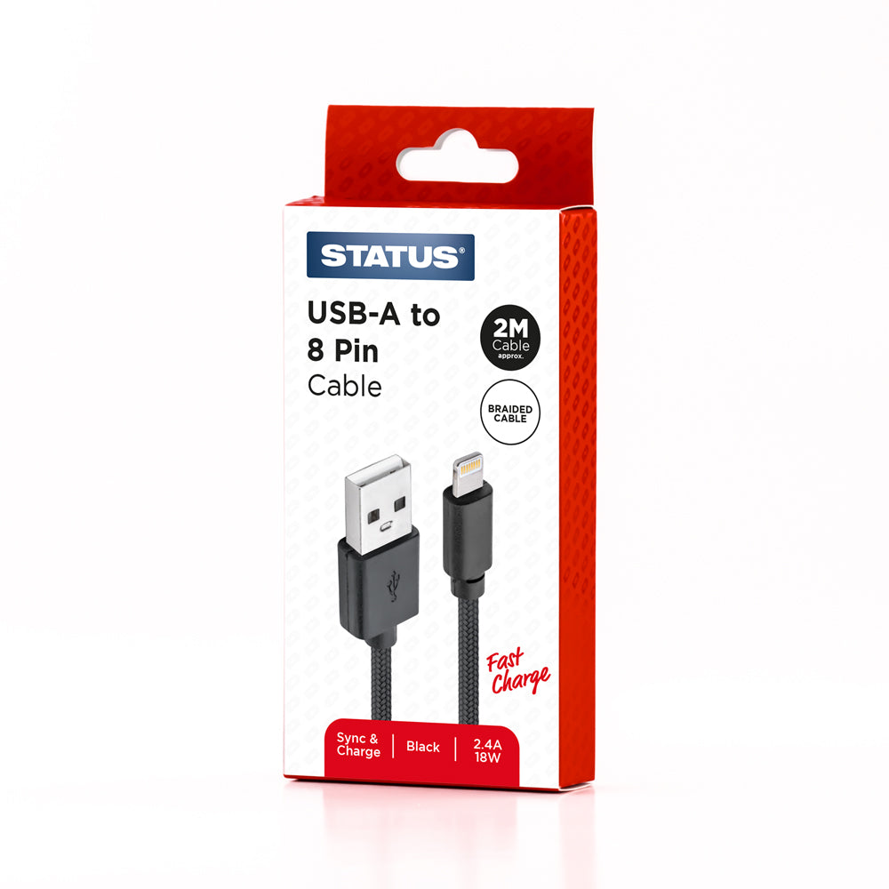 USB A to 8 Pin Sync and Charge Cable - Fast Charge - 2.4 Amp - 18w - 2 Mtr - Black Braided - 1 pk Box