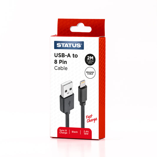 USB A to 8 Pin Sync and Charge Cable - Fast Charge - 2.4 Amp - 18w - 2 Mtr - Black Braided - 1 pk Box