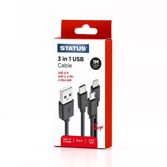 USB A to USB C 8 Pin or USB Micro Sync and Charge Cable - Fast Charge - 2.4 Amp - 18w - 1 Mtr - Black PVC - 1 pk Box