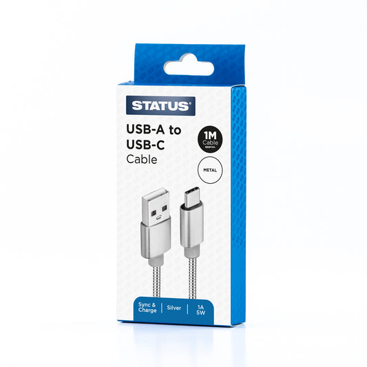USB A to USB C Sync and Charge Cable - 1 Amp - 5w - 1 Mtr - Silver Metal - 1 pk Box