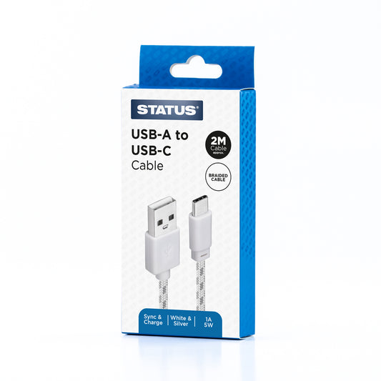 USB A to USB C Sync and Charge Cable - 1 Amp - 5w - 2 Mtr - Silver & White Braided - 1 pk Box