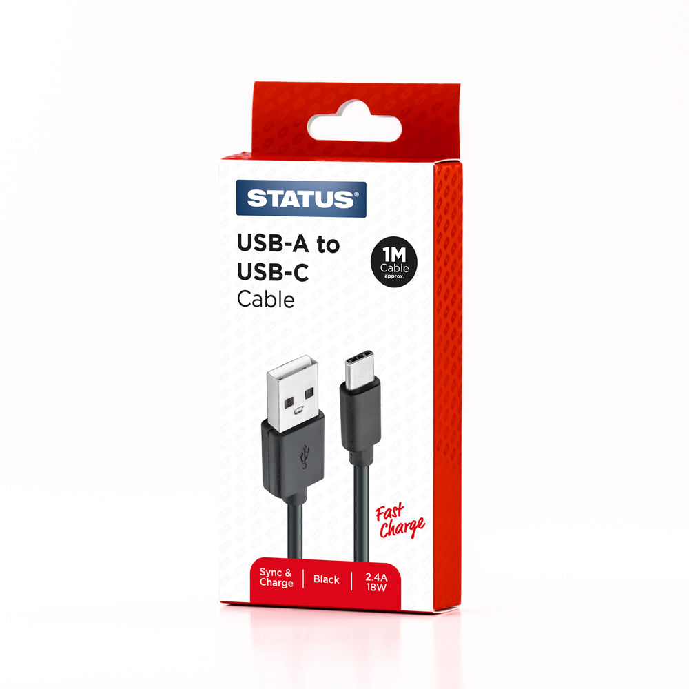 USB A to USB C Sync and Charge Cable - Fast Charge - 2.4 Amp - 18w - 1 Mtr - Black PVC - 1 pk Box