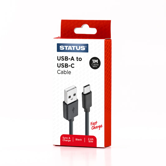 USB A to USB C Sync and Charge Cable - Fast Charge - 2.4 Amp - 18w - 1 Mtr - Black PVC - 1 pk Box