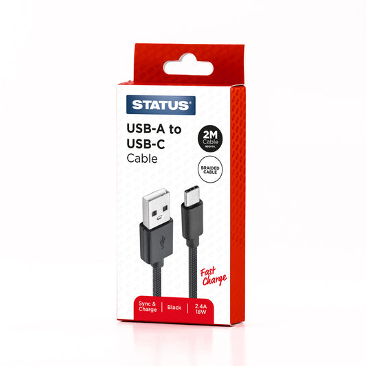 USB A to USB C Sync and Charge Cable - Fast Charge - 2.4 Amp - 18w - 2 Mtr - Black Braided - 1 pk Box