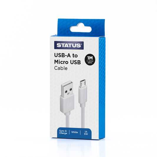 USB A to USB Micro Sync and Charge Cable - 1 Amp - 5w - 1 Mtr - White PVC - 1 pk Box