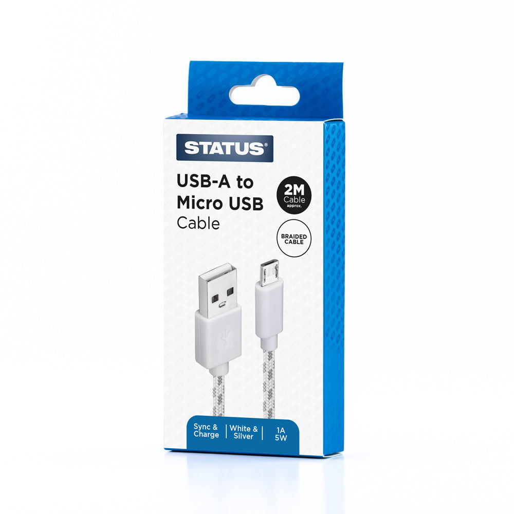 USB A to USB Micro Sync and Charge Cable - 1 Amp - 5w - 2 Mtr - Silver & White Braided - 1 pk Box