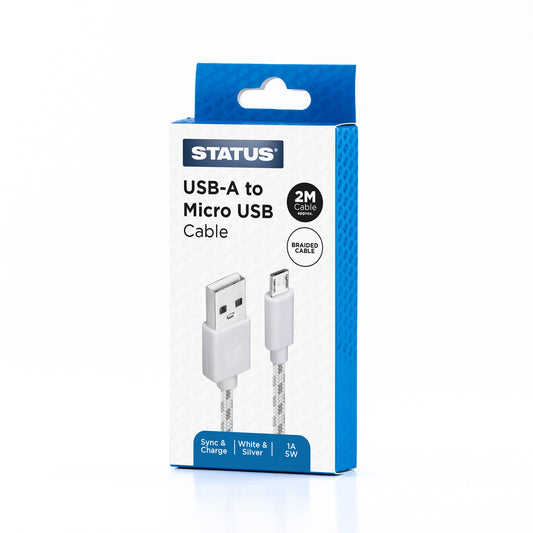 USB A to USB Micro Sync and Charge Cable - 1 Amp - 5w - 2 Mtr - Silver & White Braided - 1 pk Box