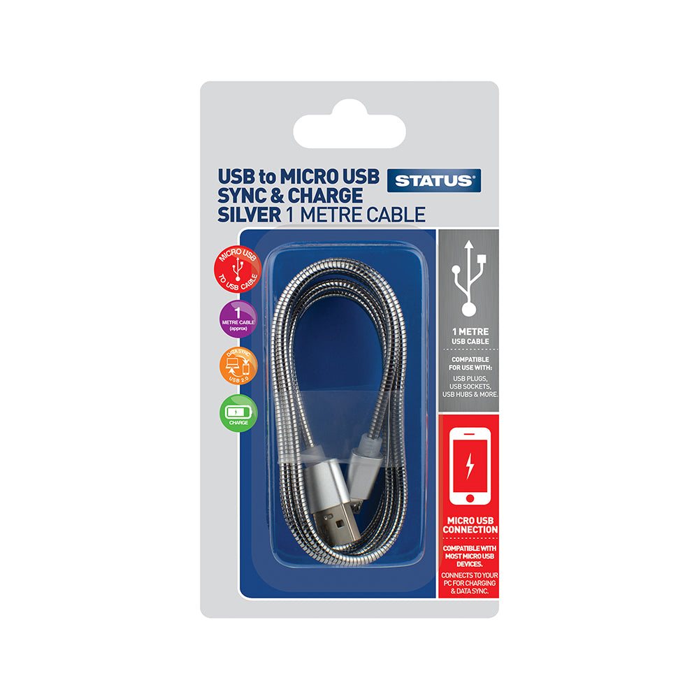 USB A to USB Micro Sync and Charge Cable - 1 Amp - 9w - 1 Mtr - Silver Metal - 1 pk Box