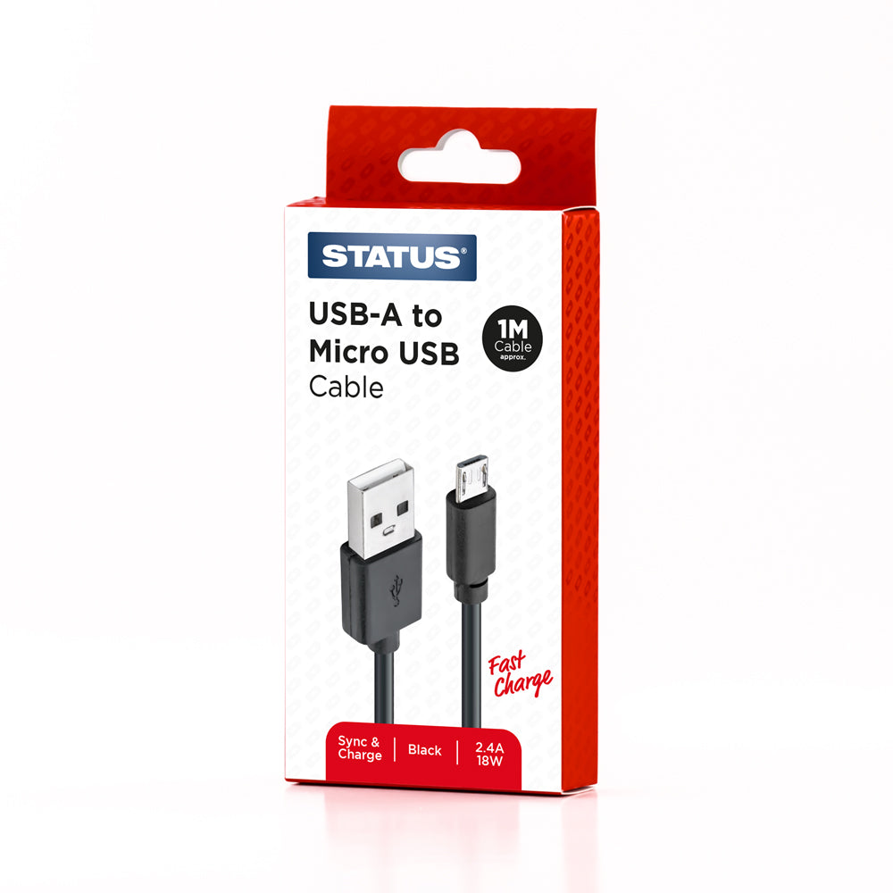 USB A to USB Micro Sync and Charge Cable - Fast Charge - 2.4 Amp - 18w - 1 Mtr - Black PVC - 1 pk Box