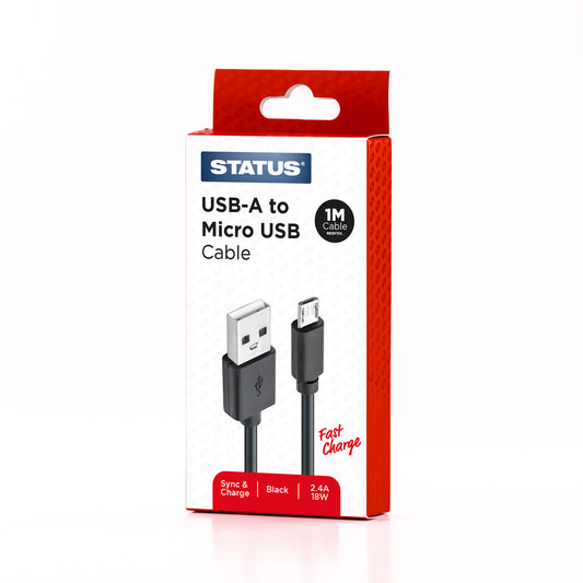 USB A to USB Micro Sync and Charge Cable - Fast Charge - 2.4 Amp - 18w - 1 Mtr - Black PVC - 1 pk Box