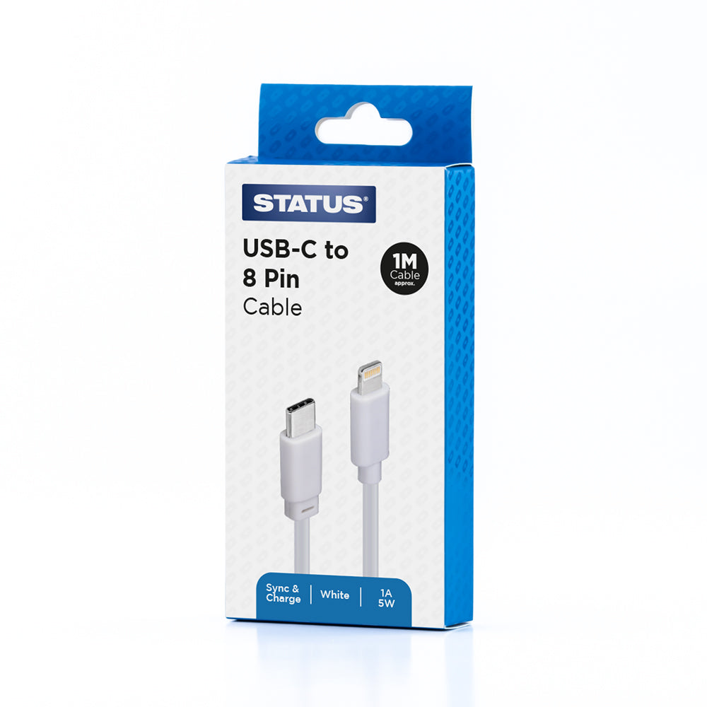 USB C to 8 Pin Sync and Charge Cable - 1 Amp - 5w - 1 Mtr - White PVC - 1 pk Box