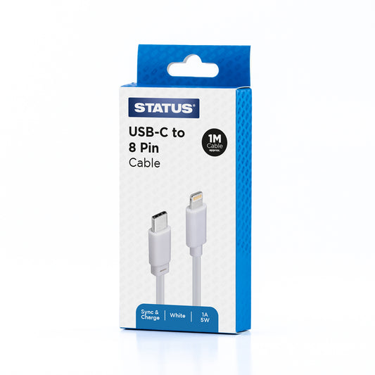 USB C to 8 Pin Sync and Charge Cable - 1 Amp - 5w - 1 Mtr - White PVC - 1 pk Box
