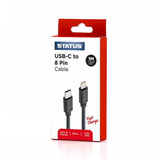 USB C to 8 Pin Sync and Charge Cable - Fast Charge - 2.4 Amp - 18w - 1 Mtr - Black PVC - 1 pk Box
