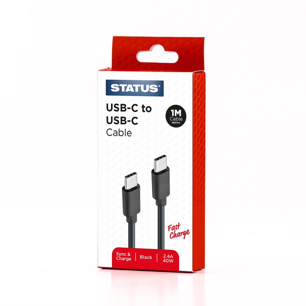 USB C to USB C Sync and Charge Cable - Fast Charge - 2.4 Amp - 40w - 1 Mtr - Black PVC - 1 pk Box