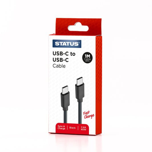 USB C to USB C Sync and Charge Cable - Fast Charge - 2.4 Amp - 40w - 1 Mtr - Black PVC - 1 pk Box