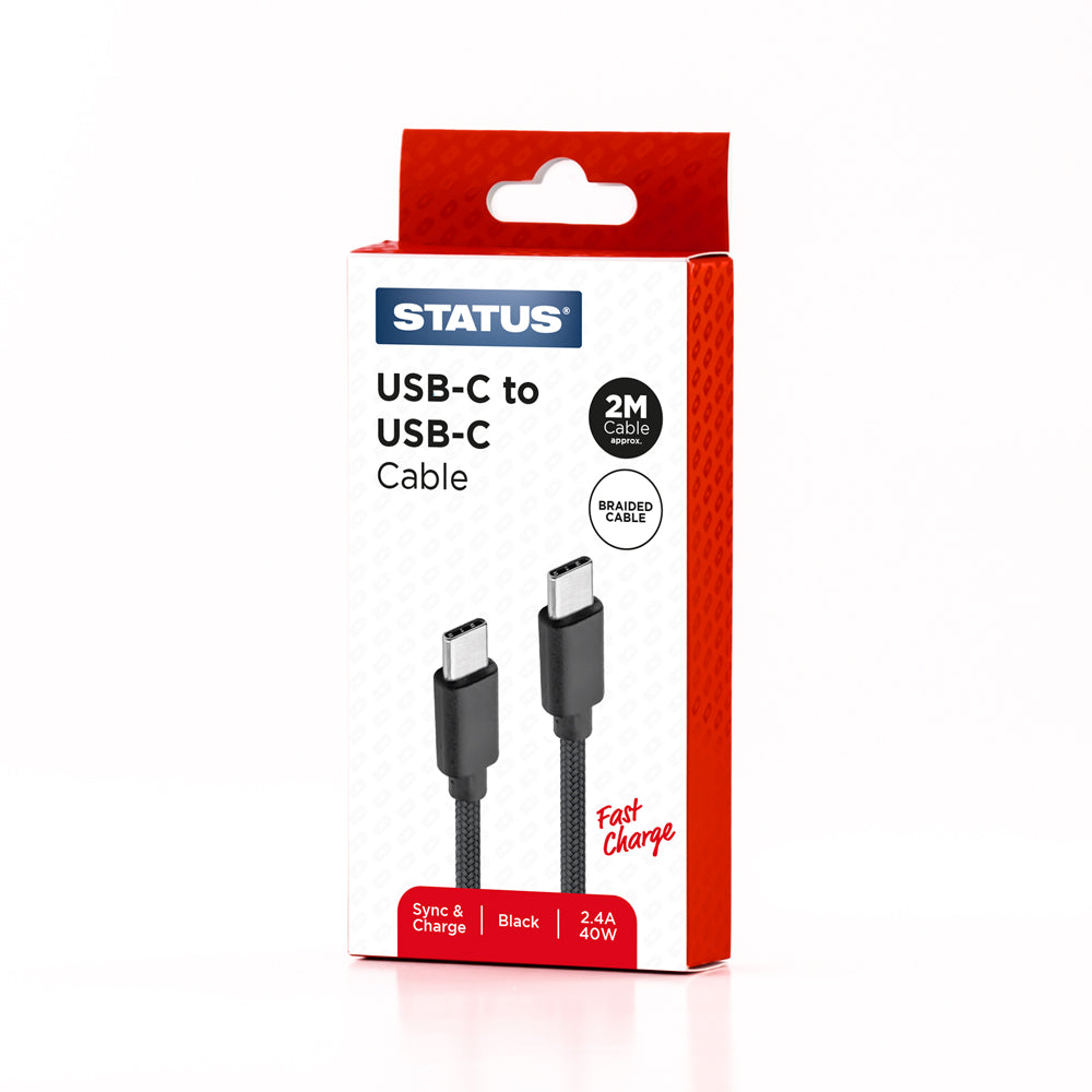 USB C to USB C Sync and Charge Cable - Fast Charge - 2.4 Amp - 40w - 2 Mtr - Black Braided - 1 pk Box