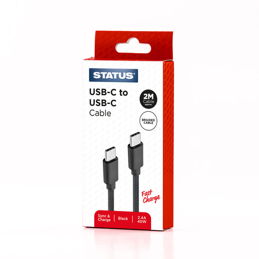 USB C to USB C Sync and Charge Cable - Fast Charge - 2.4 Amp - 40w - 2 Mtr - Black Braided - 1 pk Box