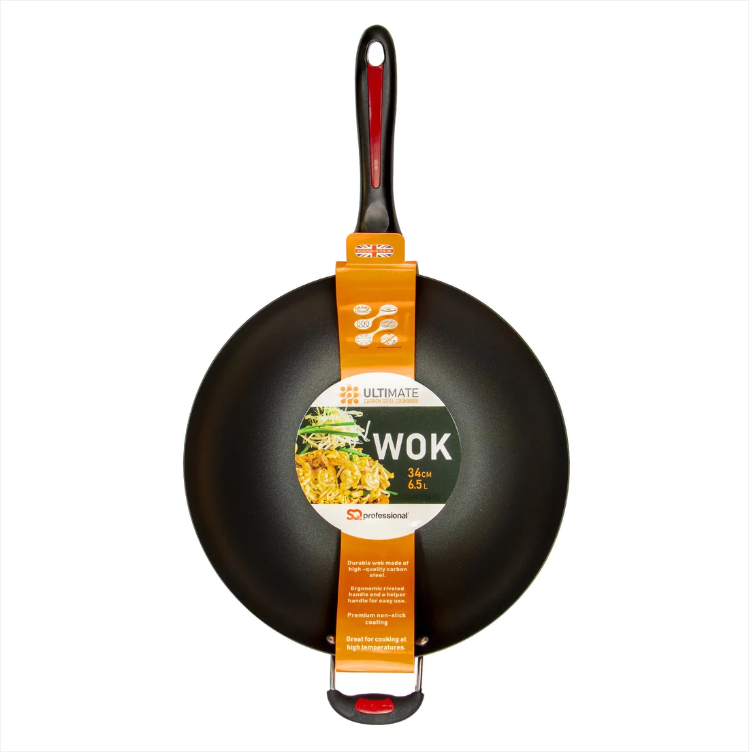 Una Nonstick Wok Pan Chinese Stir Fry Long Handle Wok Dish 34cm