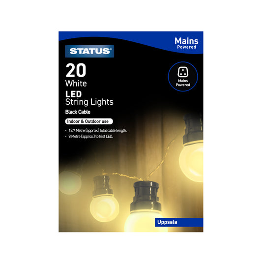 Uppsala - 20 - LED - Cool White - Frosted - Indoor/Outdoor - Mains Powered - Party Lights - 8 Function - Black Cable - 13.7 Metre Total Cable Length - 8 Metres To First LED Light - 1 Pack Glossy Box