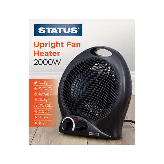 Upright Fan Heater - 2000w - Black - 2 Heat Settings - with Adjustable Thermostat - 1 pk - in Glossy Retail Box - 6pk per Outer Case