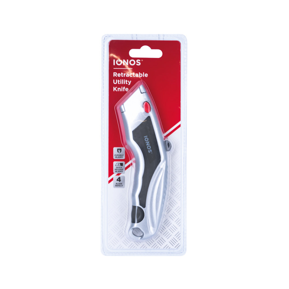 Utility Knife - aluminium alloy - rubberised grip - push button blade change - 1 x SK5 blade in unit - 5 x extra SK5 blades in blade compartment - clam shell - Ionos - 1 pk - in CDU