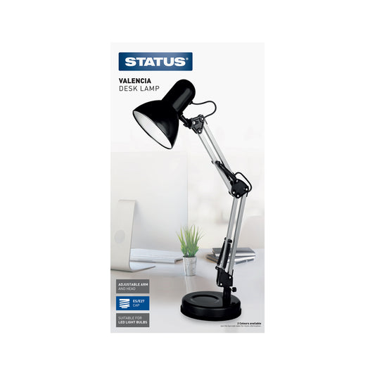Valencia - Black & Silver - Angled Desk Lamp - E27 - 1 pk - in Glossy Retail Box