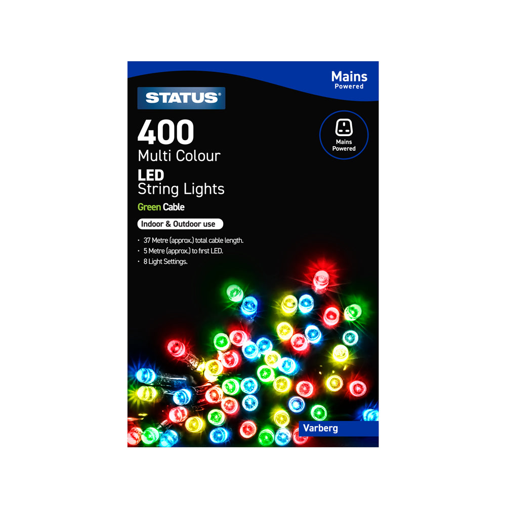 Varberg - 400 - Multi Coloured - LED - Indoor/Outdoor - Mains Powered - String Lights - 8 Functions - Green Cable - 37 Metre Total Cable Length - 5 Metres To First LED Light - IP44 Rated - 1 Pack Glossy Box