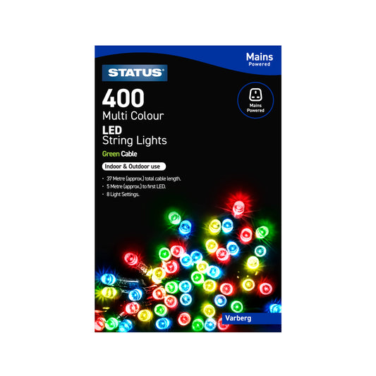 Varberg - 400 - Multi Coloured - LED - Indoor/Outdoor - Mains Powered - String Lights - 8 Functions - Green Cable - 37 Metre Total Cable Length - 5 Metres To First LED Light - IP44 Rated - 1 Pack Glossy Box