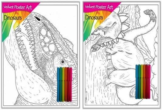 Velvet Poster Art Children's' Fun Colouring with Pens Dinosaurs 1 25 x 38 cm 2 Designs